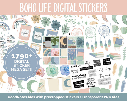 Boho Life Digital Sticker Mega Bundle | GoodNotes & iPad | August, Retro, Dreamcatcher, Papers, Work, Planner Girls, Adulting, Tasks