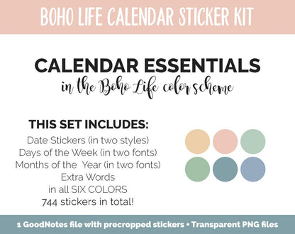 Boho Life Calendar Essentials Digital Planner Stickers | GoodNotes, iPad and Android | Dates, Days of the Week, Months