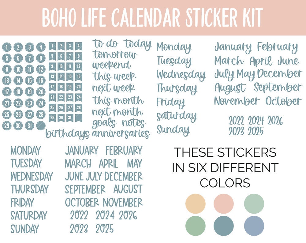 Boho Life Calendar Essentials Digital Planner Stickers | GoodNotes, iPad and Android | Dates, Days of the Week, Months