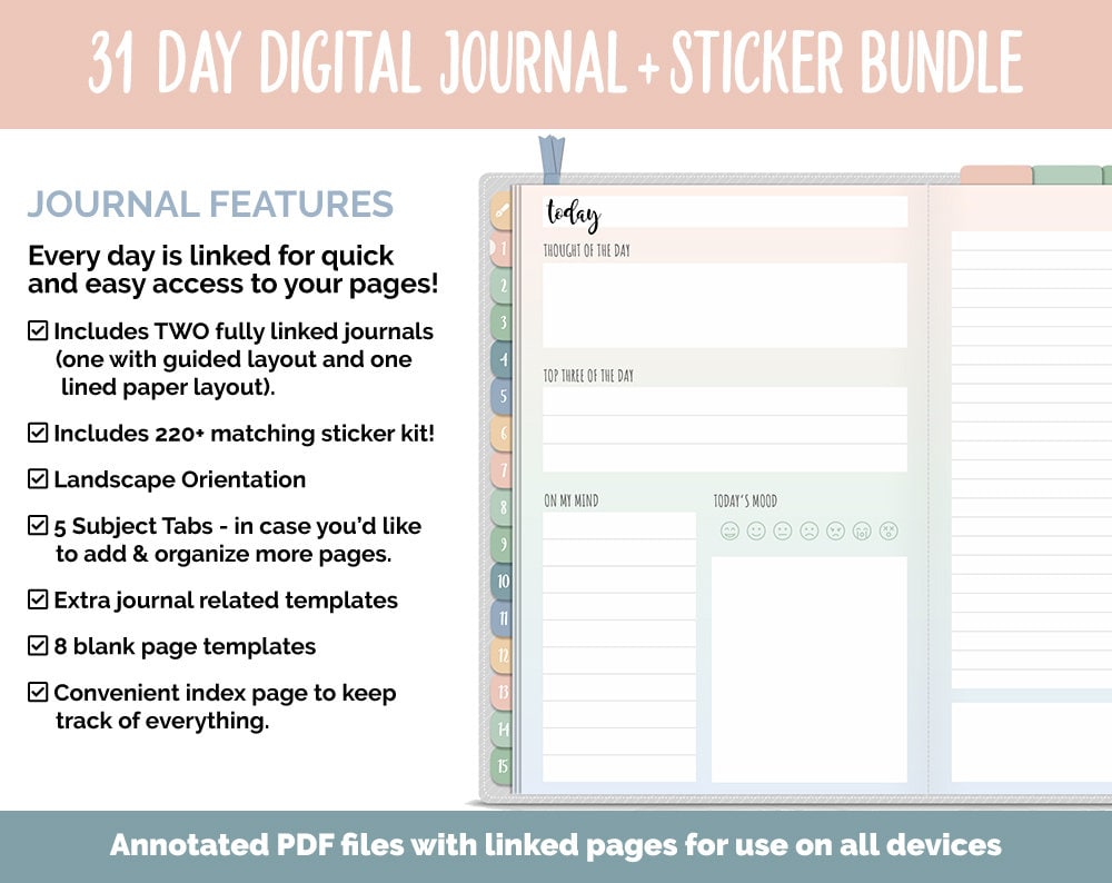 31 Day Digital Journal + Sticker Bundle | Inspired Theme