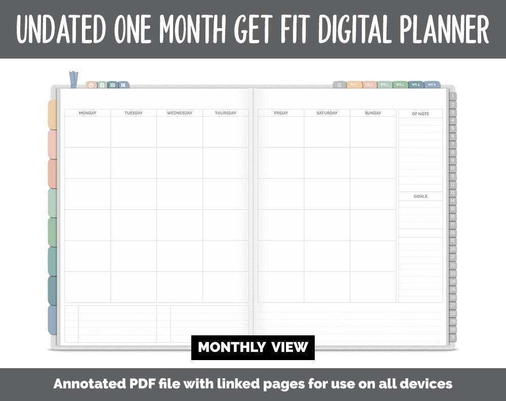 NEW! Undated Get Fit One Month Digital Planner | Inspired Theme - Best Health Edition | GoodNotes, iPad & Android | Fitness, Self-Care