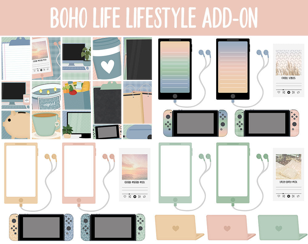 Boho Life Lifestyle Add-On Digital Stickers | GoodNotes & iPad | TV, Playlist, Travel, Reading, Work, Groceries