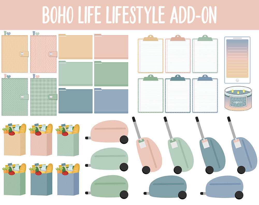 Boho Life Lifestyle Add-On Digital Stickers | GoodNotes & iPad | TV, Playlist, Travel, Reading, Work, Groceries