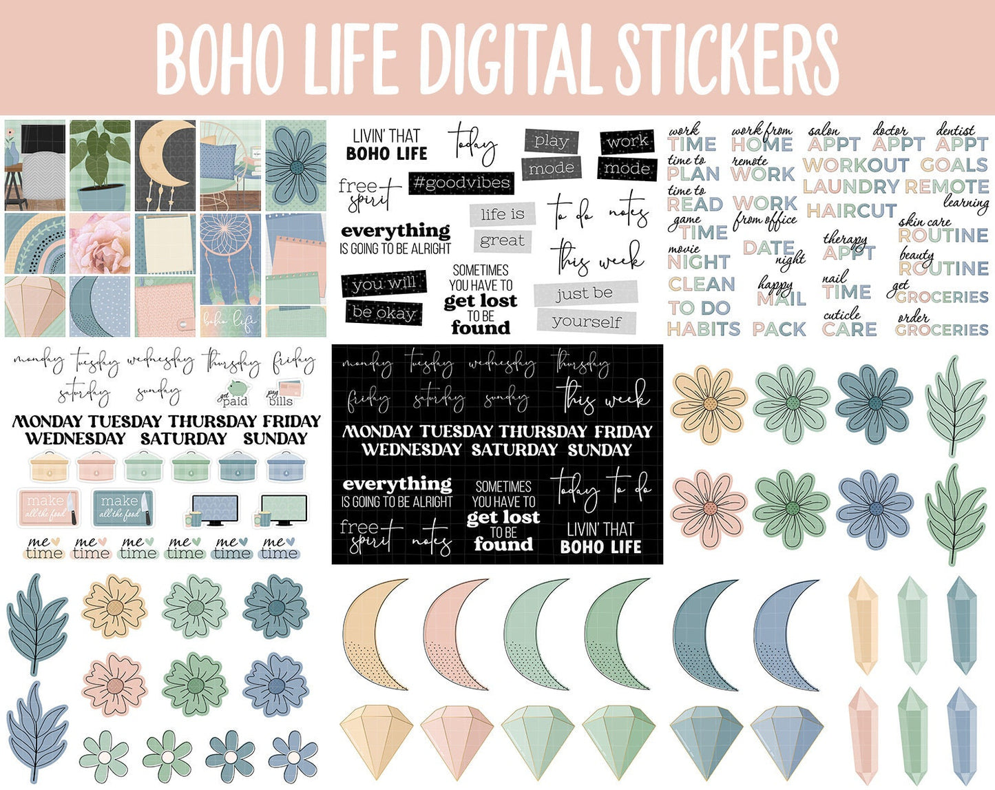 Boho Life Digital Sticker Mega Bundle | GoodNotes & iPad | August, Retro, Dreamcatcher, Papers, Work, Planner Girls, Adulting, Tasks