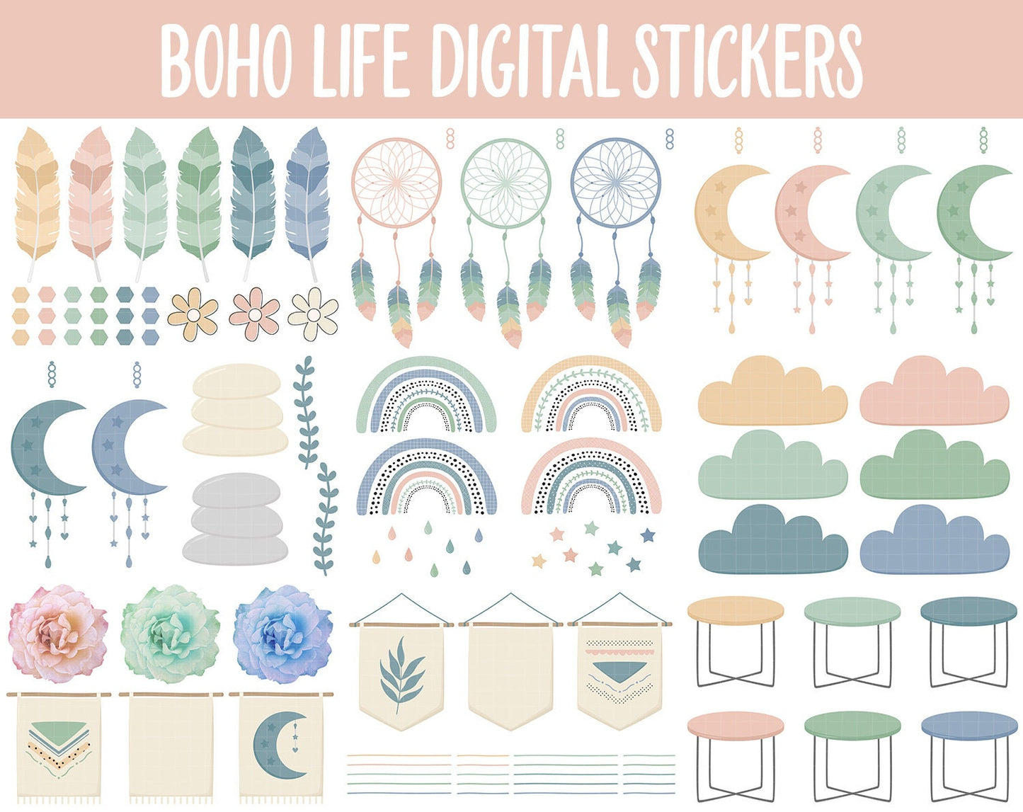 Boho Life Digital Sticker Mega Bundle | GoodNotes & iPad | August, Retro, Dreamcatcher, Papers, Work, Planner Girls, Adulting, Tasks