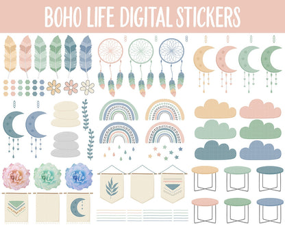 Boho Life Digital Sticker Mega Bundle | GoodNotes & iPad | August, Retro, Dreamcatcher, Papers, Work, Planner Girls, Adulting, Tasks