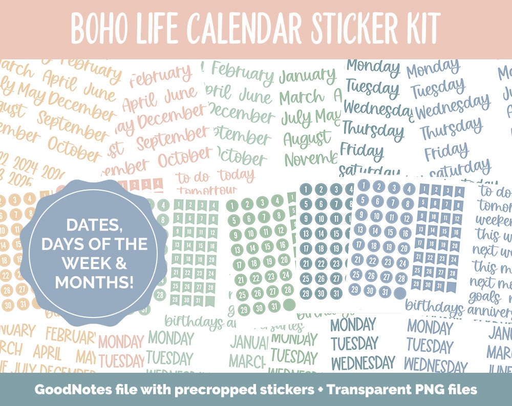 Boho Life Calendar Essentials Digital Planner Stickers | GoodNotes, iPad and Android | Dates, Days of the Week, Months