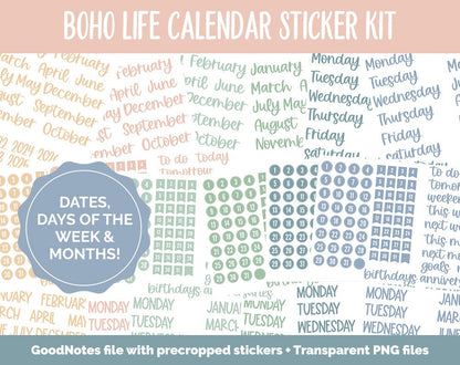 Boho Life Calendar Essentials Digital Planner Stickers | GoodNotes, iPad and Android | Dates, Days of the Week, Months