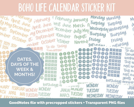 Boho Life Calendar Essentials Digital Planner Stickers | GoodNotes, iPad and Android | Dates, Days of the Week, Months