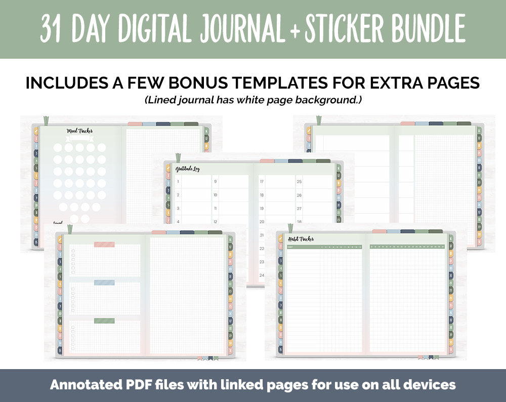 31 Day Digital Journal + Sticker Bundle | Focused Theme