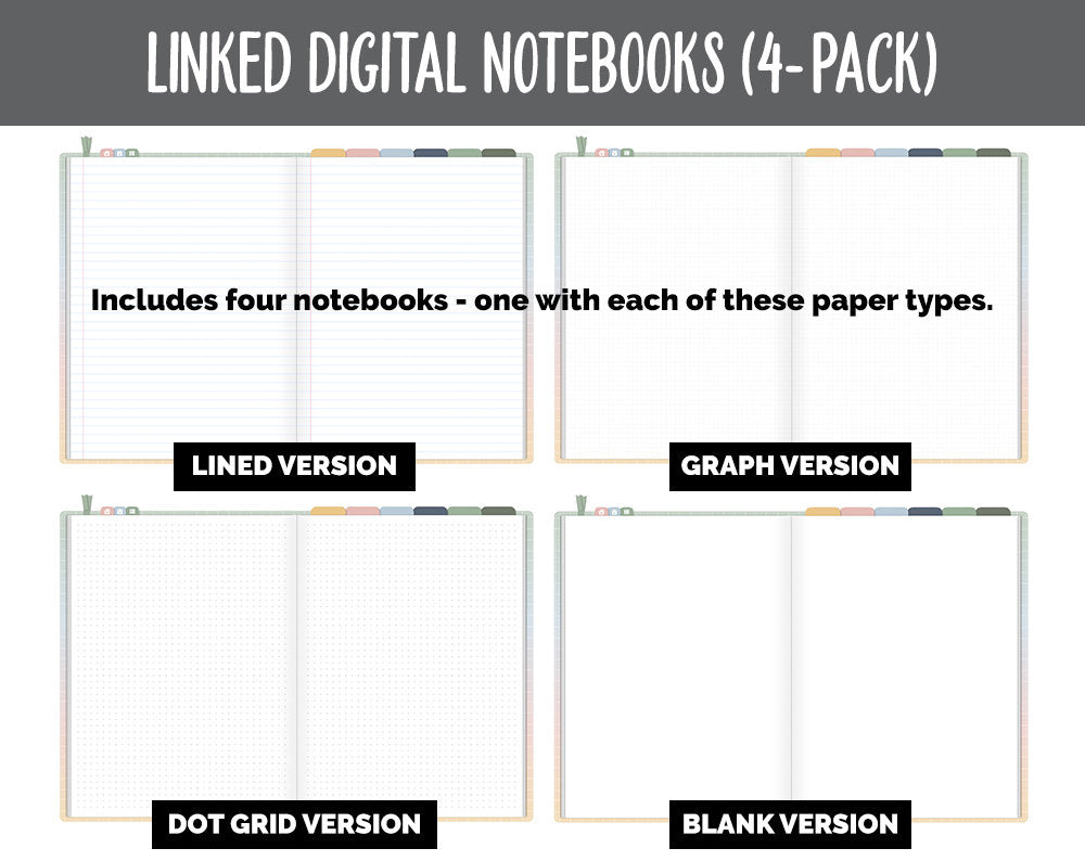 Linked Digital Notebooks 4- Pack | Focused Theme | GoodNotes, iPad & Android