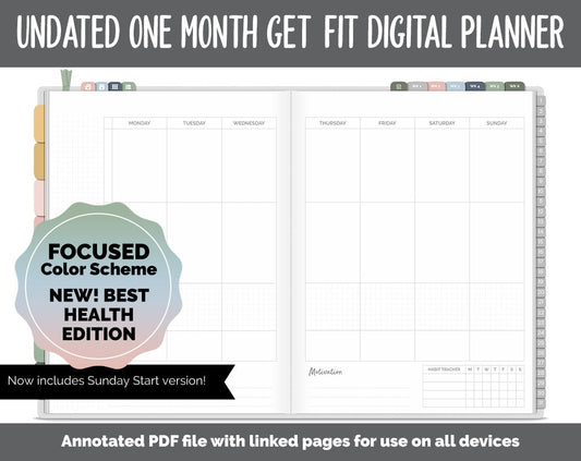 NEW! Undated Get Fit One Month Digital Planner | Focused Theme - Best Health Edition | GoodNotes, iPad & Android | Fitness, Self-Care