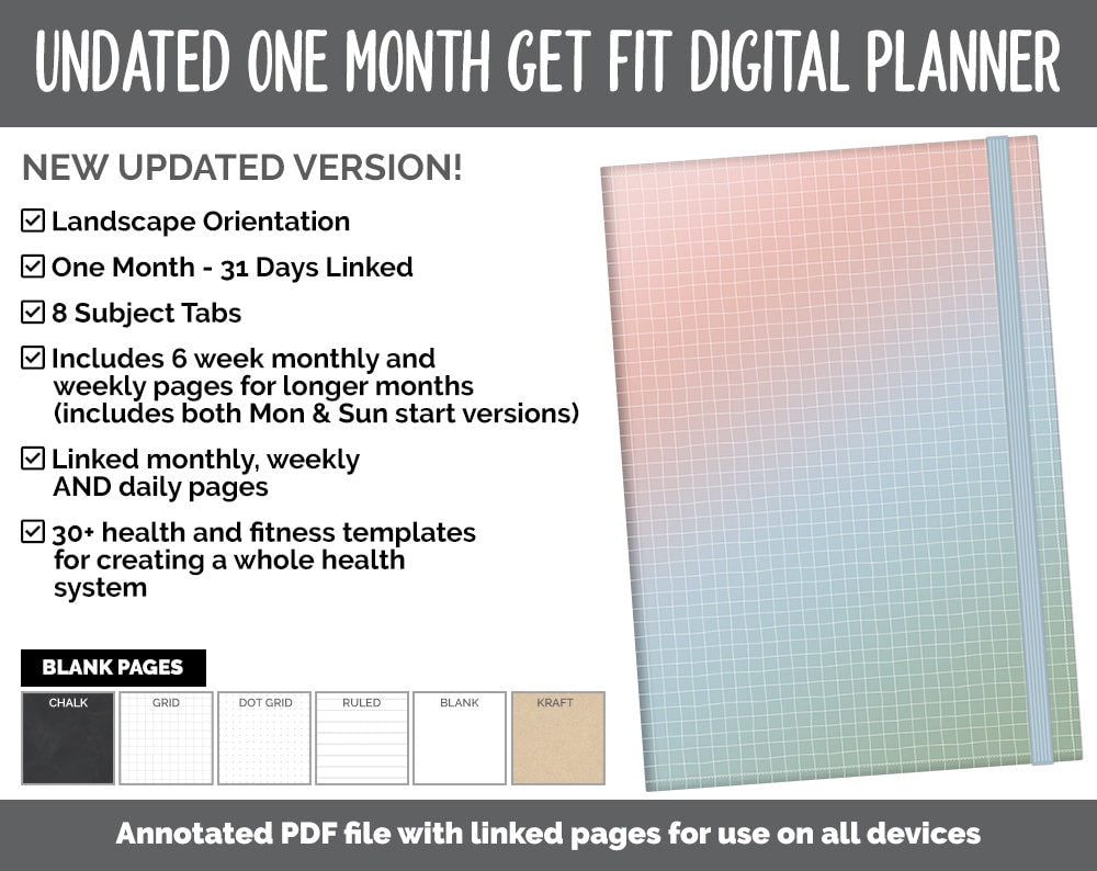 NEW! Undated Get Fit One Month Digital Planner | Focused Theme - Best Health Edition | GoodNotes, iPad & Android | Fitness, Self-Care