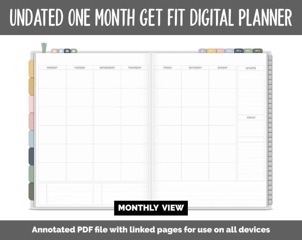 NEW! Undated Get Fit One Month Digital Planner | Focused Theme - Best Health Edition | GoodNotes, iPad & Android | Fitness, Self-Care