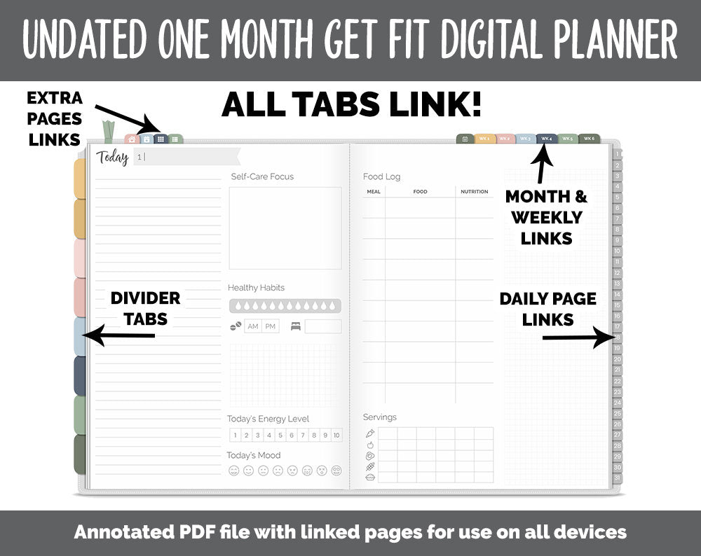 NEW! Undated Get Fit One Month Digital Planner | Focused Theme - Best Health Edition | GoodNotes, iPad & Android | Fitness, Self-Care