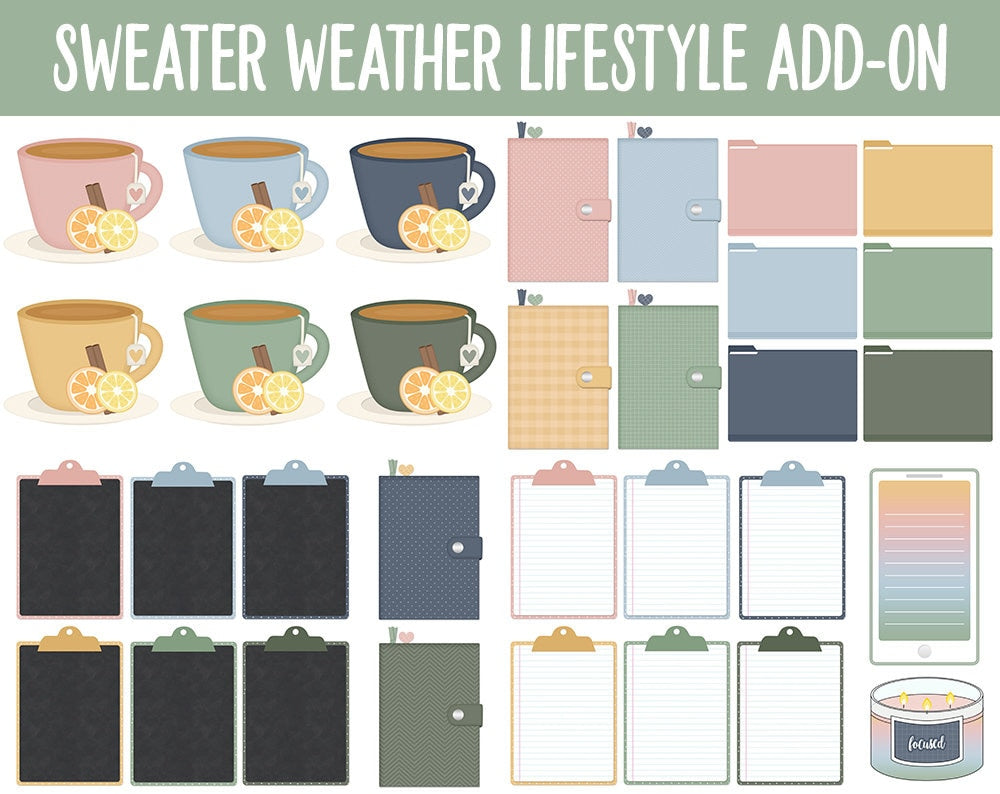 Sweater Weather Lifestyle Add-On Digital Stickers | GoodNotes & iPad | TV, Playlist, Travel, Reading, Work, Groceries