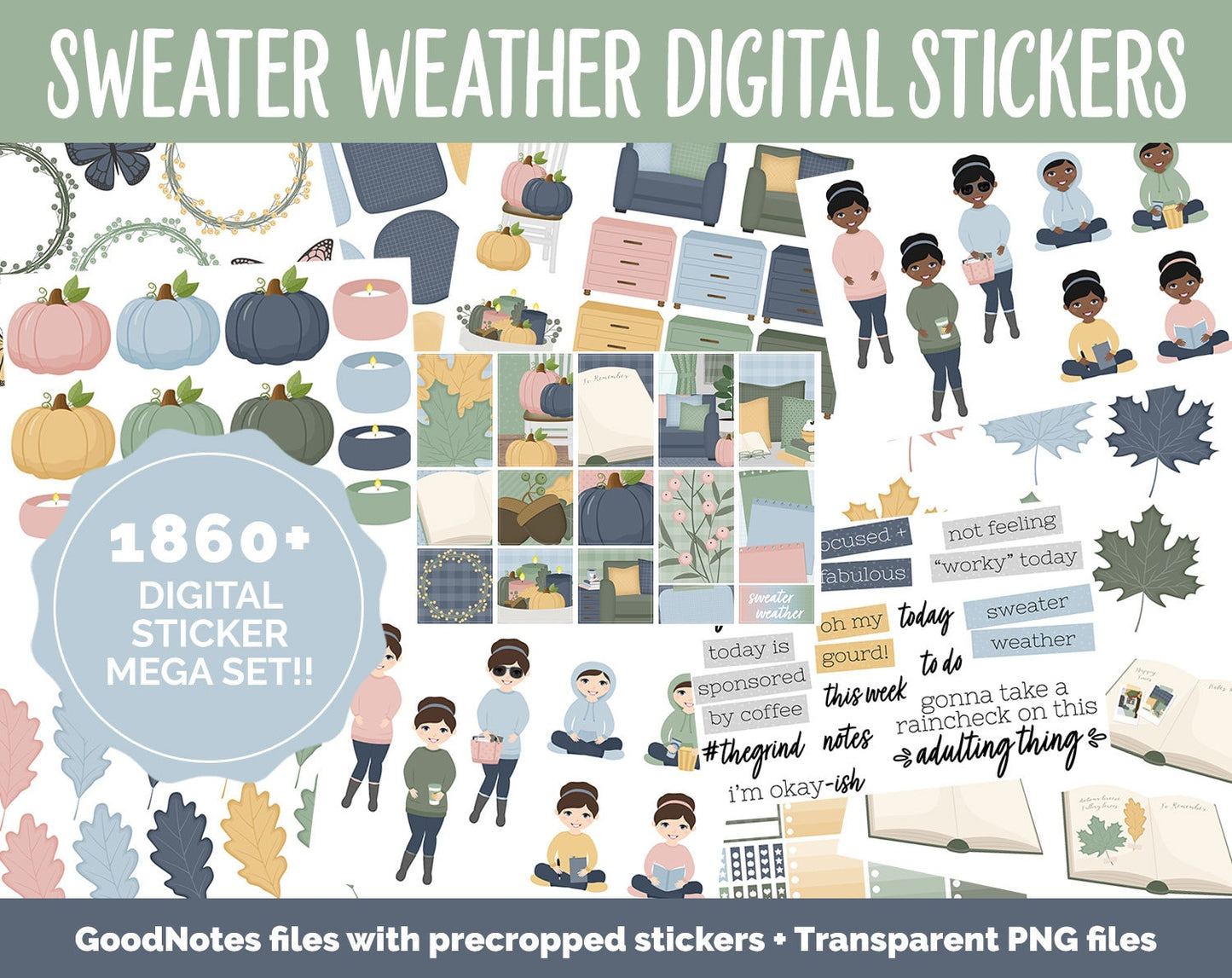 Sweater Weather Digital Sticker Mega Bundle | GoodNotes & iPad | September, Fall, Autumn, Papers, Work, Planner Girls, Adulting, Tasks