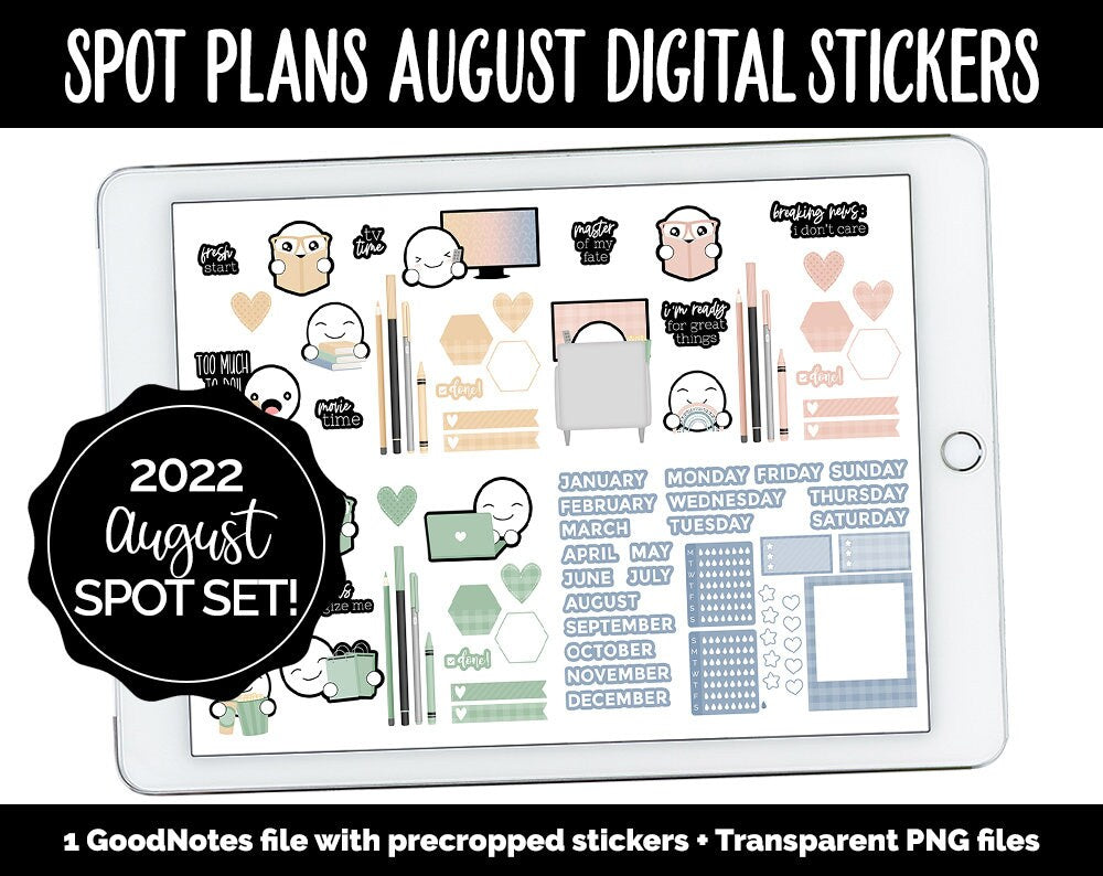 Spot Plans August Digital Stickers | GoodNotes, iPad and Android | Sassy, Boho, Adulting, Planning, Funny