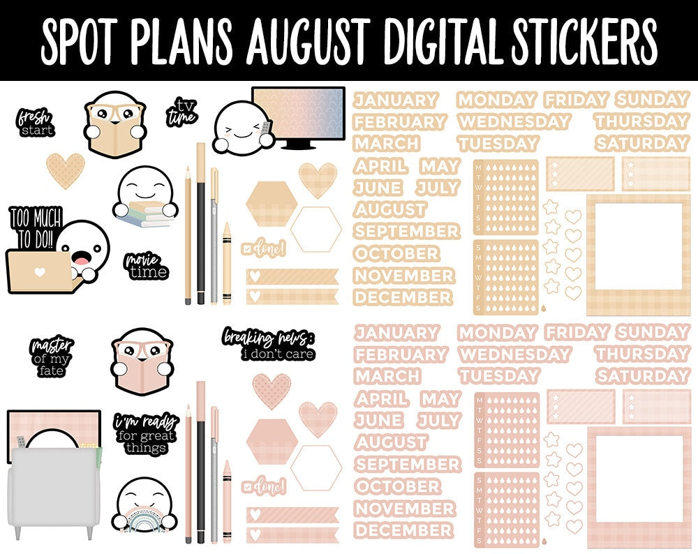 Spot Plans August Digital Stickers | GoodNotes, iPad and Android | Sassy, Boho, Adulting, Planning, Funny
