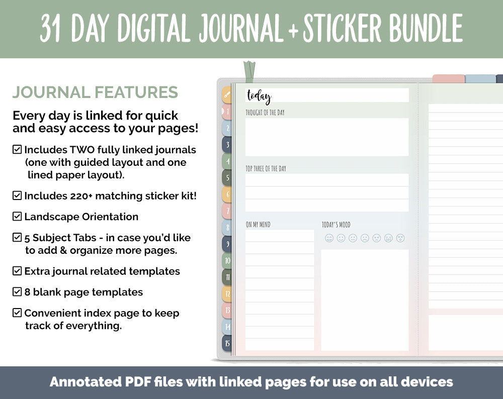 31 Day Digital Journal + Sticker Bundle | Focused Theme