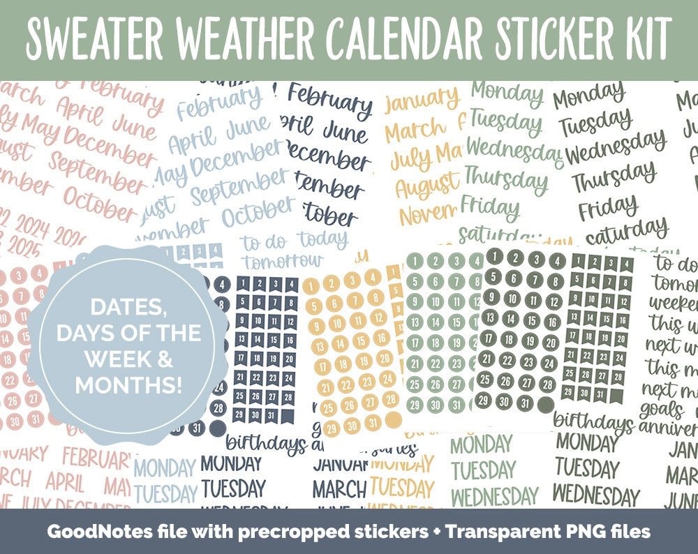 Sweater Weather Calendar Essentials Digital Planner Stickers | GoodNotes, iPad and Android | Dates, Days of the Week, Months