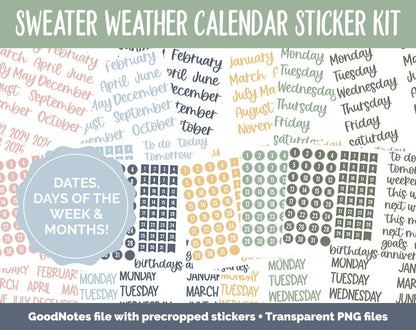 Sweater Weather Calendar Essentials Digital Planner Stickers | GoodNotes, iPad and Android | Dates, Days of the Week, Months