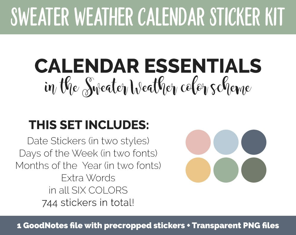 Sweater Weather Calendar Essentials Digital Planner Stickers | GoodNotes, iPad and Android | Dates, Days of the Week, Months