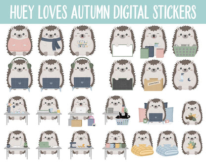 Huey the Hedgehog Loves Autumn Digital Planner Stickers | GoodNotes, iPad and Android | Fall, Cleaning, Work, Tasks, Activities, Planning
