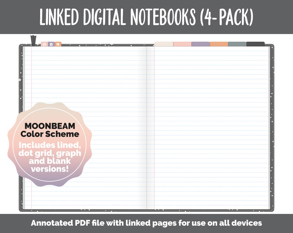 Linked Digital Notebooks 4- Pack | Moonbeam Theme | GoodNotes, iPad & Android