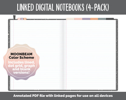 Linked Digital Notebooks 4- Pack | Moonbeam Theme | GoodNotes, iPad & Android