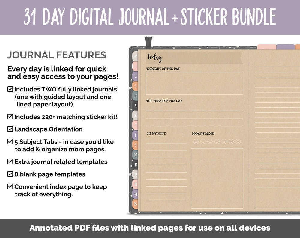 31 Day Digital Journal + Sticker Bundle | Moonbeam Theme