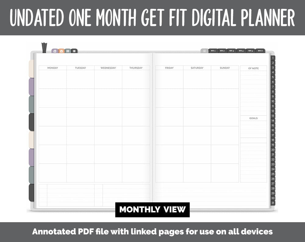 NEW! Undated Get Fit One Month Digital Planner | Moonbeam Theme - Best Health Edition | GoodNotes, iPad & Android | Fitness, Self-Care