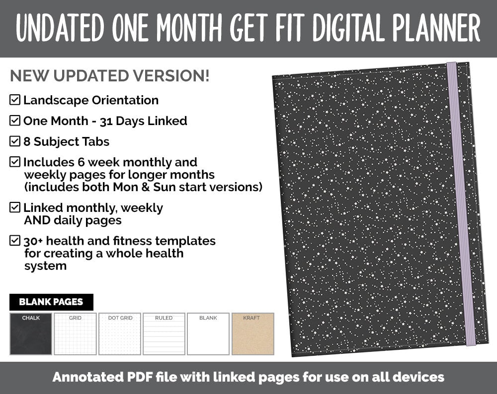NEW! Undated Get Fit One Month Digital Planner | Moonbeam Theme - Best Health Edition | GoodNotes, iPad & Android | Fitness, Self-Care