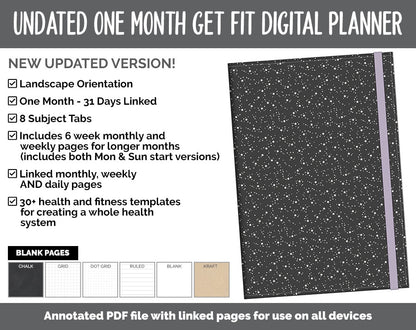 NEW! Undated Get Fit One Month Digital Planner | Moonbeam Theme - Best Health Edition | GoodNotes, iPad & Android | Fitness, Self-Care