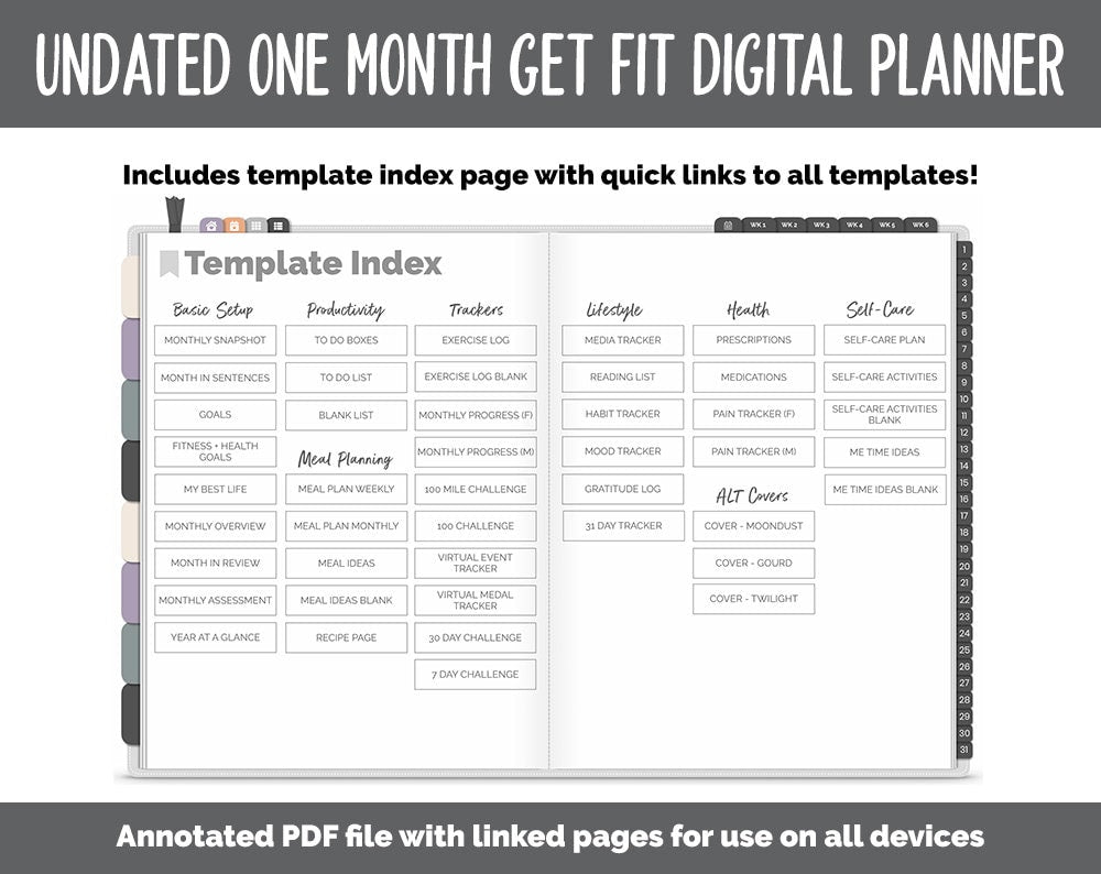 NEW! Undated Get Fit One Month Digital Planner | Moonbeam Theme - Best Health Edition | GoodNotes, iPad & Android | Fitness, Self-Care