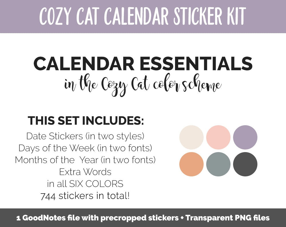 Cozy Cat Calendar Essentials Digital Planner Stickers | GoodNotes, iPad and Android | Dates, Days of the Week, Months