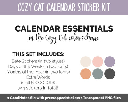 Cozy Cat Calendar Essentials Digital Planner Stickers | GoodNotes, iPad and Android | Dates, Days of the Week, Months
