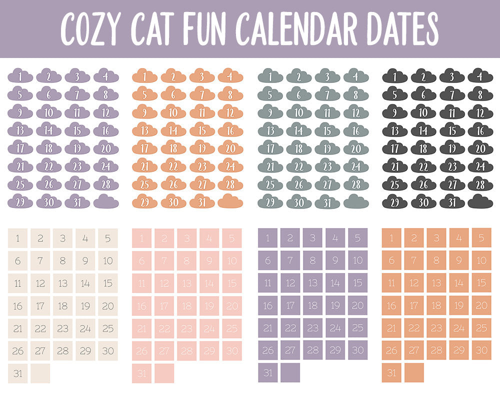 Cozy Cat Fun Calendar Date Digital Stickers | GoodNotes, iPad and Android