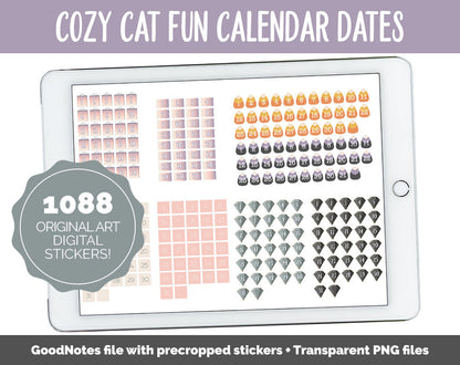 Cozy Cat Fun Calendar Date Digital Stickers | GoodNotes, iPad and Android