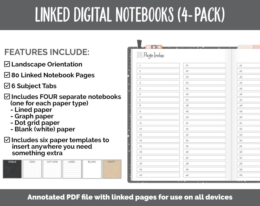 Linked Digital Notebooks 4- Pack | Moonbeam Theme | GoodNotes, iPad & Android
