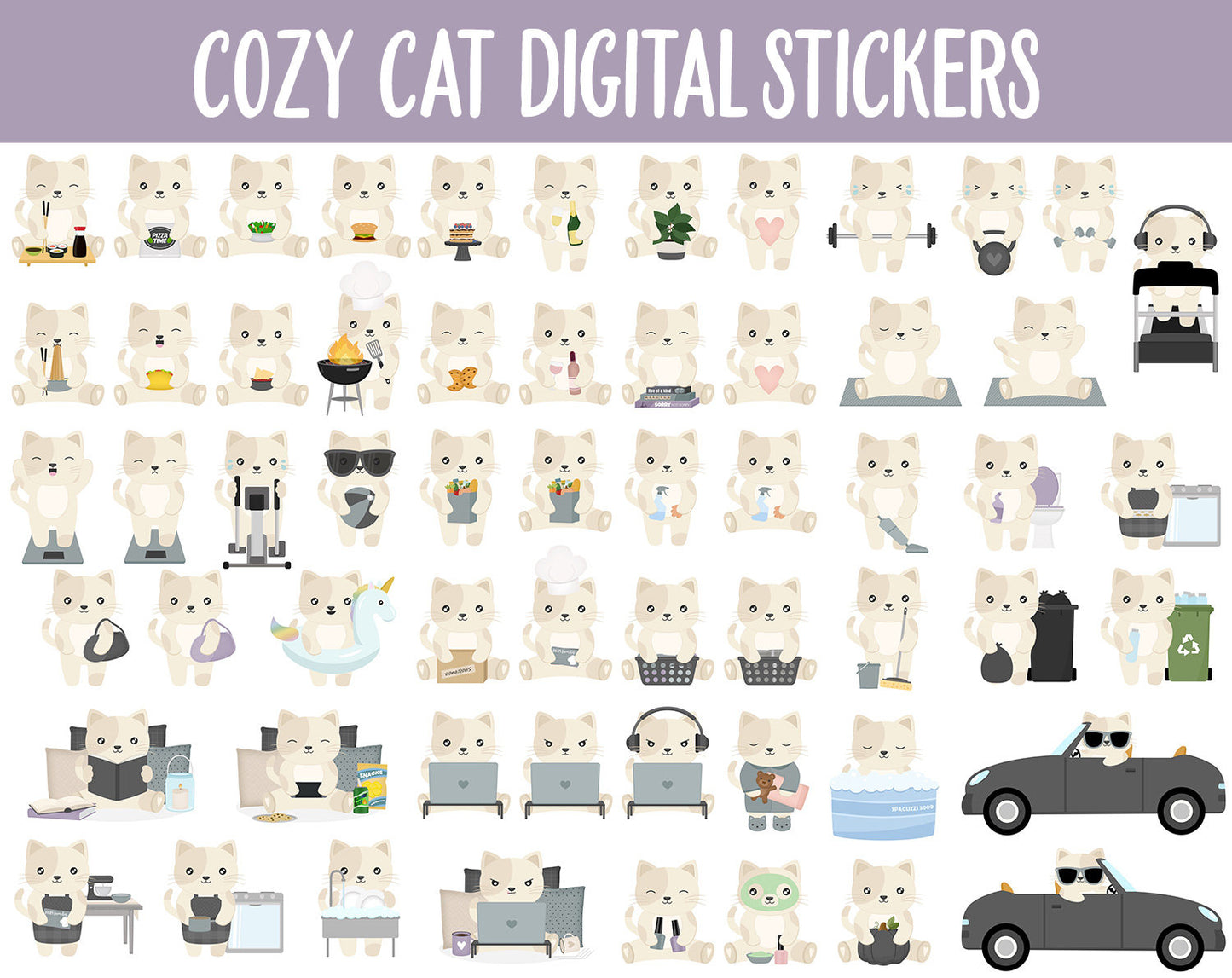Cozy Cat Digital Sticker Mega Bundle | GoodNotes & iPad | October, Retro, Halloween, Kitty, Work, Kawaii, Adulting, Tasks