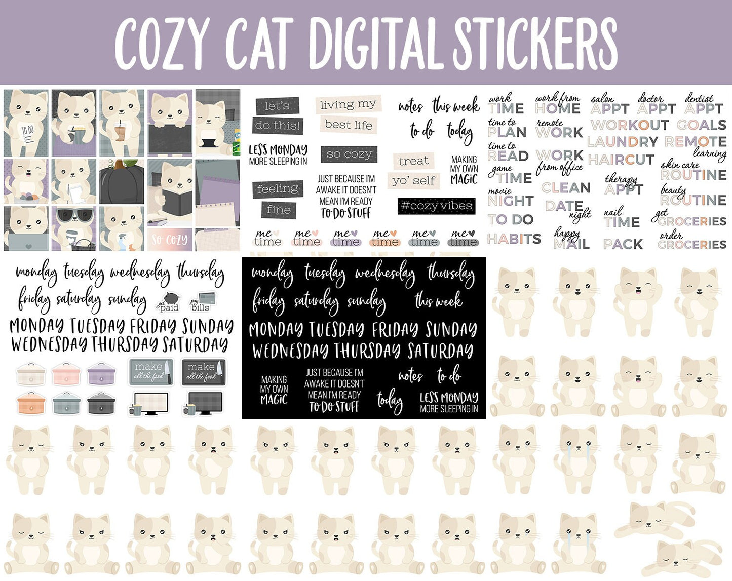 Cozy Cat Digital Sticker Mega Bundle | GoodNotes & iPad | October, Retro, Halloween, Kitty, Work, Kawaii, Adulting, Tasks