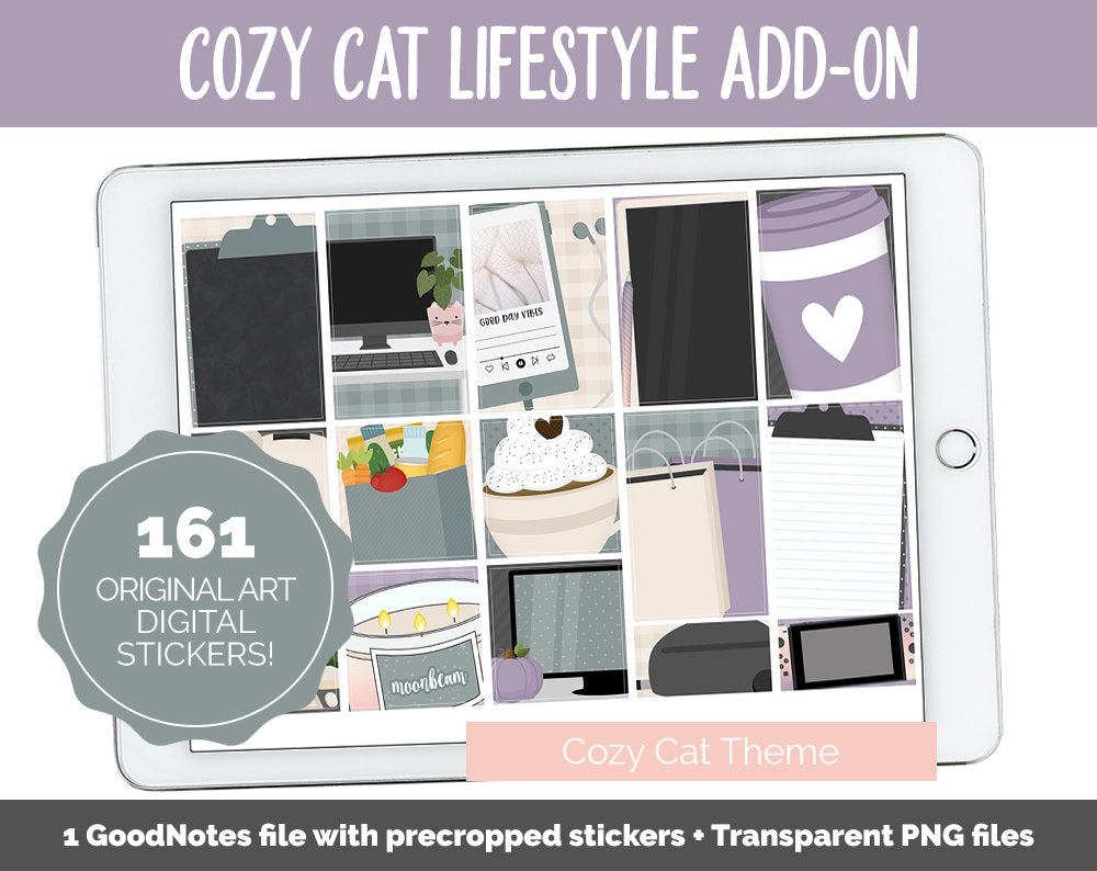 Cozy Cat Lifestyle Add-On Digital Stickers | GoodNotes & iPad | TV, Playlist, Travel, Reading, Work, Groceries