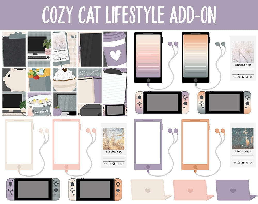 Cozy Cat Lifestyle Add-On Digital Stickers | GoodNotes & iPad | TV, Playlist, Travel, Reading, Work, Groceries