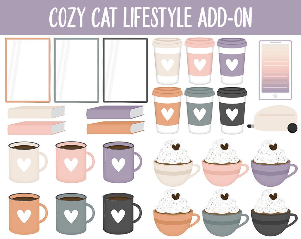 Cozy Cat Lifestyle Add-On Digital Stickers | GoodNotes & iPad | TV, Playlist, Travel, Reading, Work, Groceries