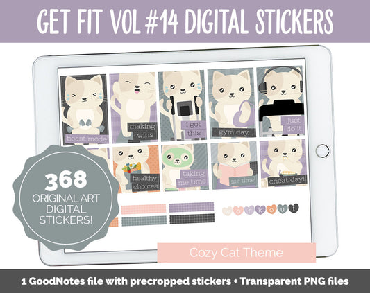 Get Fit Vol #14 Digital Stickers | GoodNotes & iPad | Fitness, Health, Self-Care, Workout | Cozy Cat