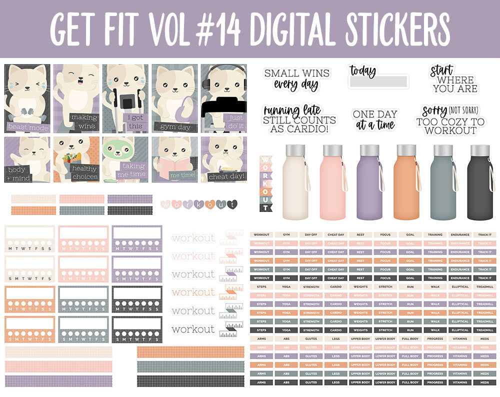 Get Fit Vol #14 Digital Stickers | GoodNotes & iPad | Fitness, Health, Self-Care, Workout | Cozy Cat