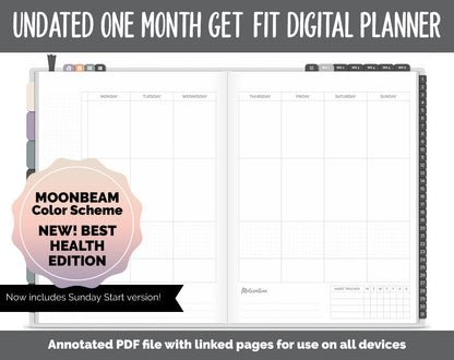 NEW! Undated Get Fit One Month Digital Planner | Moonbeam Theme - Best Health Edition | GoodNotes, iPad & Android | Fitness, Self-Care