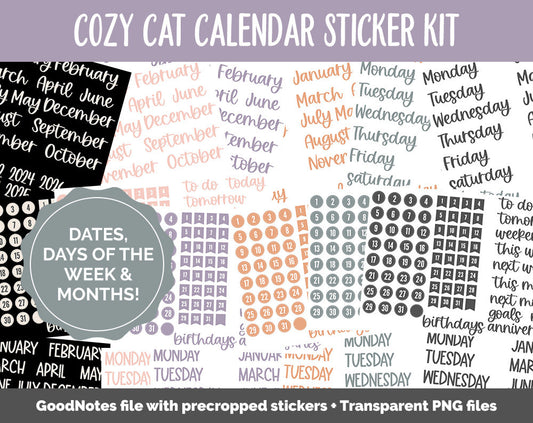 Cozy Cat Calendar Essentials Digital Planner Stickers | GoodNotes, iPad and Android | Dates, Days of the Week, Months