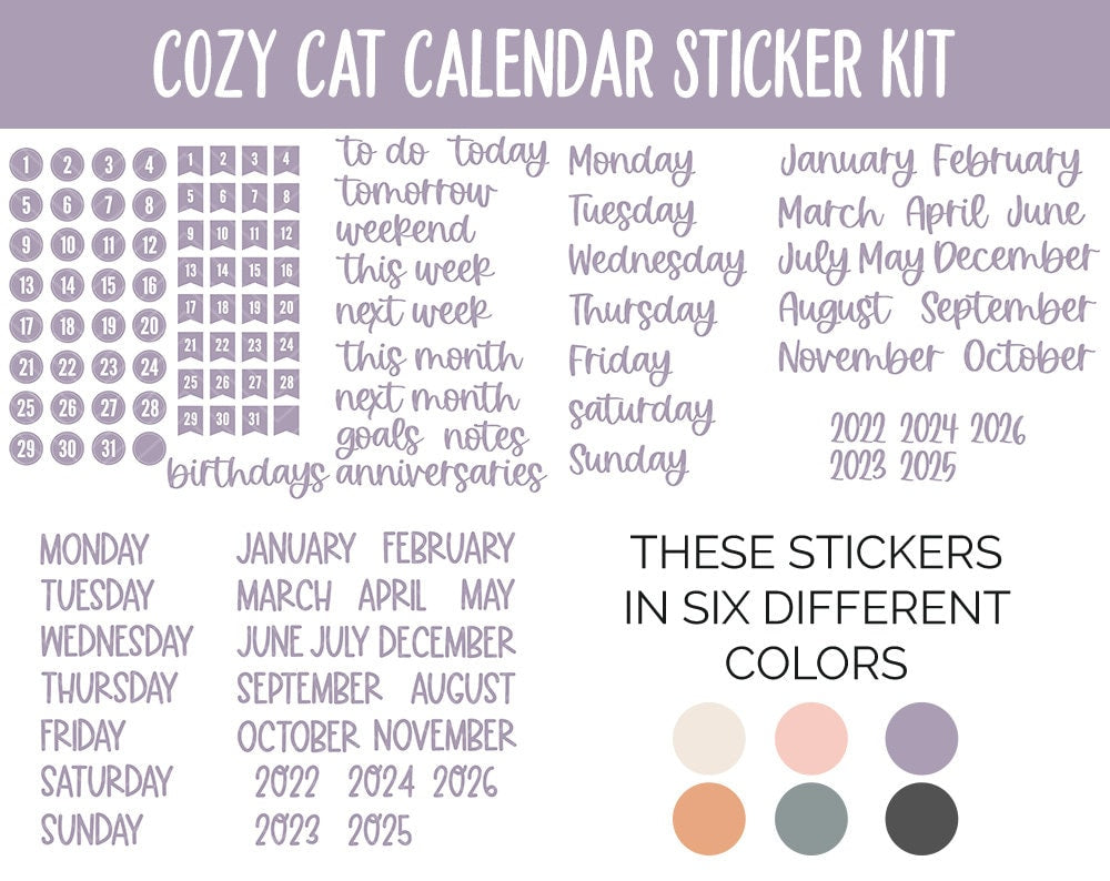 Cozy Cat Calendar Essentials Digital Planner Stickers | GoodNotes, iPad and Android | Dates, Days of the Week, Months
